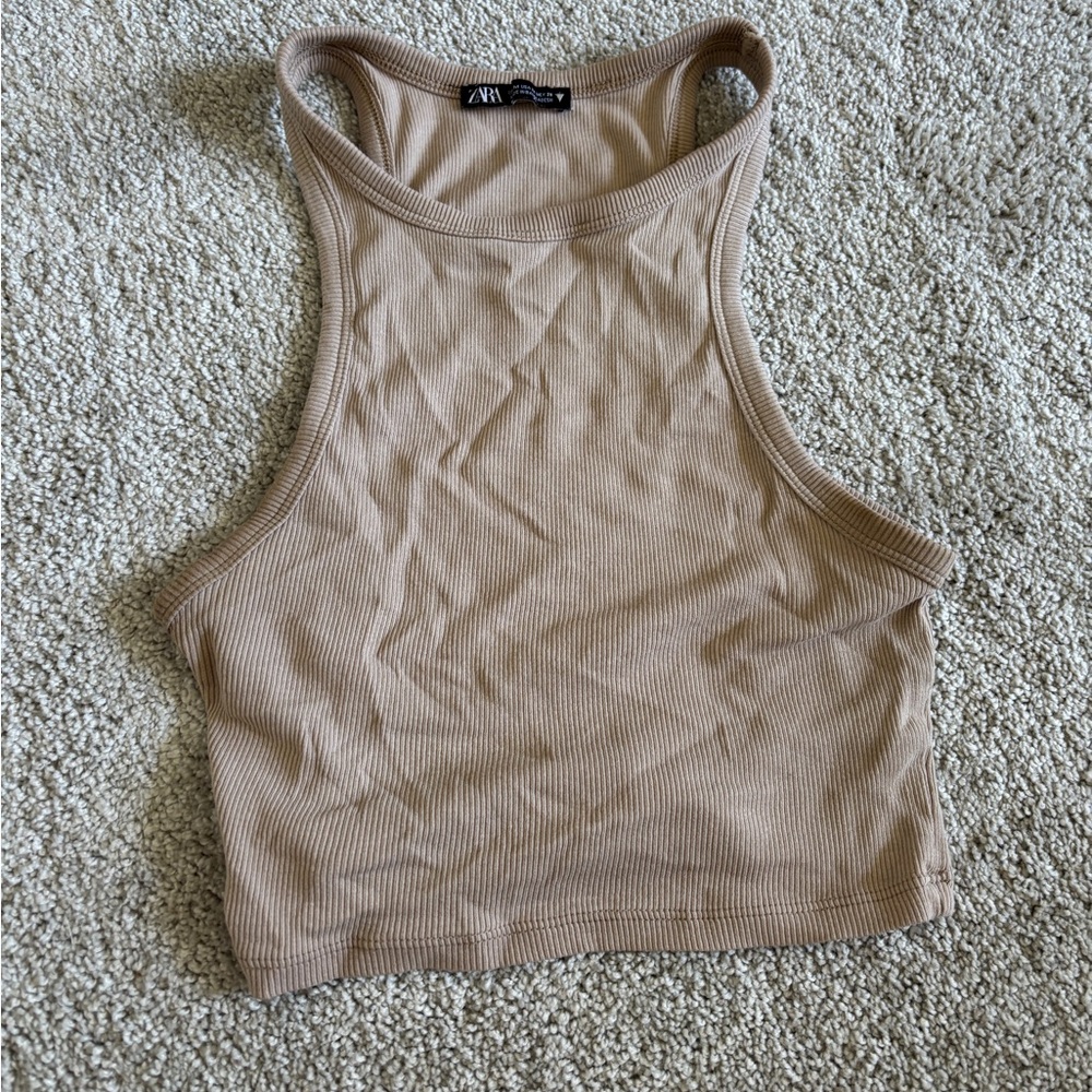 Zara Tan Fitted Crop Tank Top